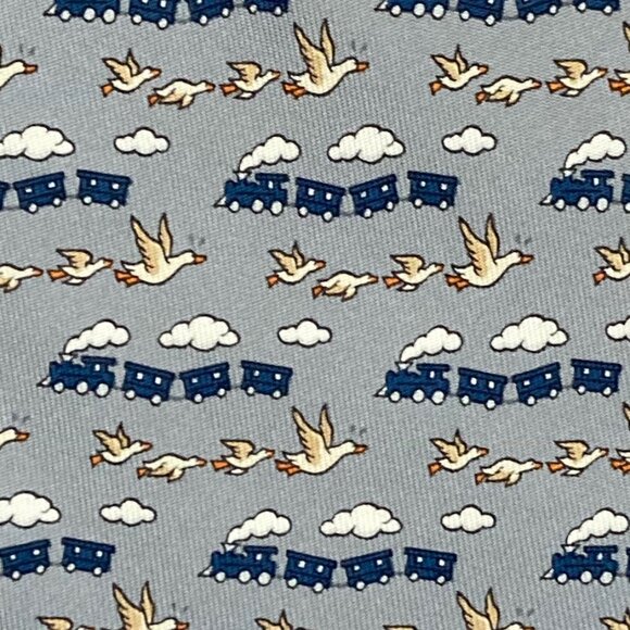Hermes Other - 100% REAL HERMES TIE ~ FUN GRAY w BLUE FLYING TRAIN GEESE IN CLOUDS SKY XL